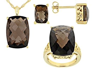 Picture of Brown smoky quartz 18k yellow gold over silver ring, pendant with chain, & earrings set 33.23ctw