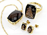 Brown smoky quartz 18k yellow gold over silver ring, pendant with chain, & earrings set 33.23ctw
