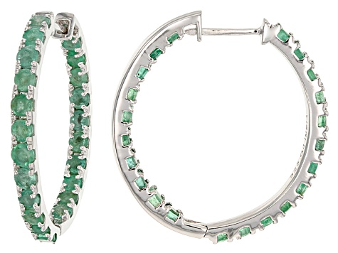 Green Zambian Emerald Rhodium Over Sterling Silver Hoop Earrings 3.78ctw