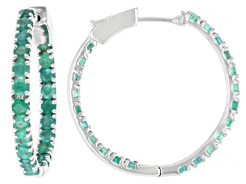 Picture of Green Zambian Emerald Rhodium Over Sterling Silver Hoop Earrings 3.78ctw