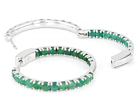 Green Zambian Emerald Rhodium Over Sterling Silver Hoop