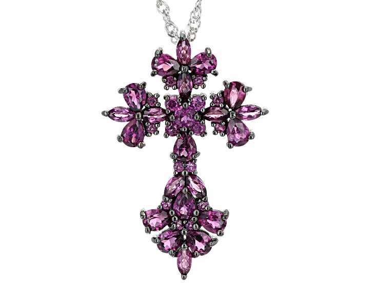 Raspberry Rhodolite Rhodium Over Sterling Silver Cross