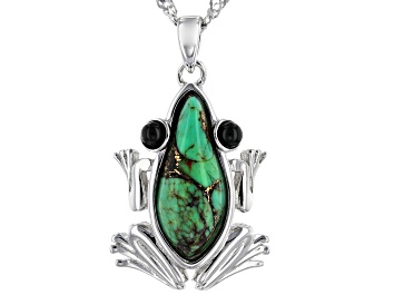 Picture of Green Turquoise Rhodium Over Sterling Silver Frog Pendant With Chain .17ctw