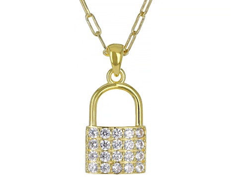 White Cubic Zirconia 18K Yellow Gold Over Sterling Silver Lock Pendant With Chain 1.30ctw