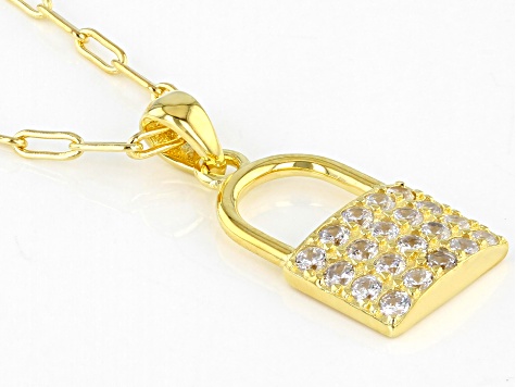 White Cubic Zirconia 18K Yellow Gold Over Sterling Silver Lock Pendant With Chain 1.30ctw