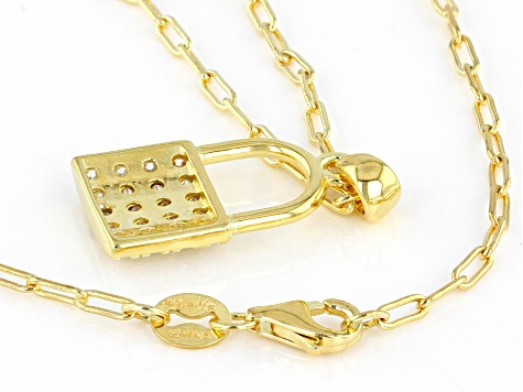 White Cubic Zirconia 18K Yellow Gold Over Sterling Silver Lock Pendant With Chain 1.30ctw