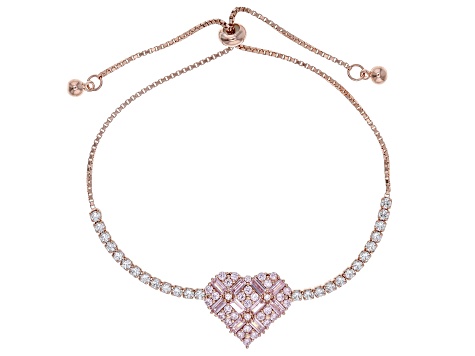 Pink And White Cubic Zirconia 18K Rose Gold Over Sterling Silver Heart Adjustable Bracelet 3.71ctw