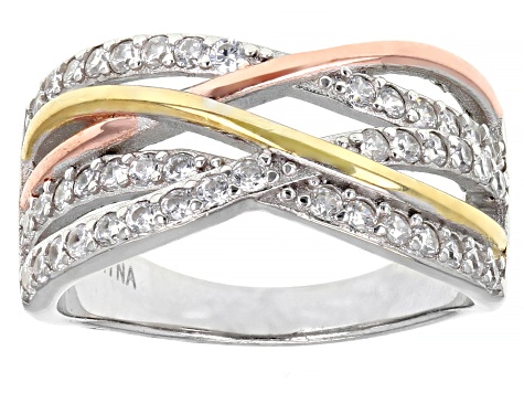 White Cubic Zirconia Rhodium And 14K Yellow And Rose Gold Over Sterling Silver Ring 1.04ctw