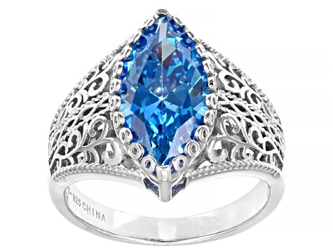 Blue Cubic Zirconia Rhodium Over Sterling Silver Ring 5.81ctw