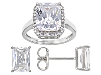 Picture of White Cubic Zirconia Rhodium Over Sterling Silver Ring And Earring Set 10.48ctw