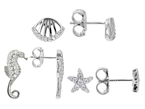 White Cubic Zirconia Rhodium Over Sterling Silver Nautical Earring Set 1.31ctw