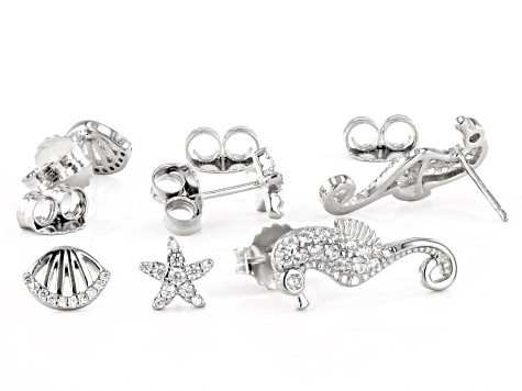 White Cubic Zirconia Rhodium Over Sterling Silver Nautical Earring Set 1.31ctw