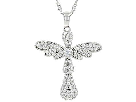 White Cubic Zirconia Rhodium Over Sterling Silver Cross Pendant With Chain 1.08ctw