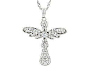 White Cubic Zirconia Rhodium Over Sterling Silver Cross Pendant With Chain 1.08ctw