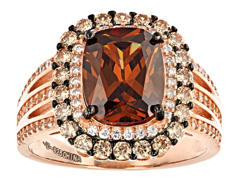 Mocha, Champagne, And White Cubic Zirconia 18K Rose Gold Over Sterling Silver Ring 5.71ctw