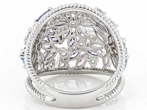 Lab Created Blue Spinel, White And Purple Cubic Zirconia Rhodium Over Sterling Silver Ring 4.13ctw