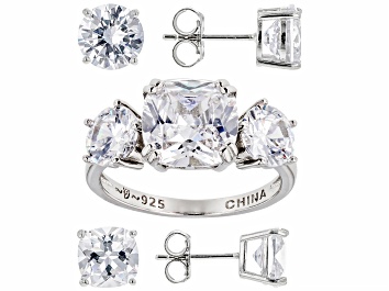 Picture of White Cubic Zirconia Rhodium Over Sterling Silver Ring And Earrings Set 19.33ctw