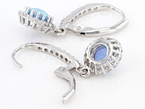 Lab Created Blue Opal And White Cubic Zirconia Rhodium Over Sterling Silver Earrings 2.68ctw