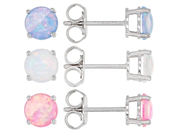 Picture of Lab Created Pink, Blue, And White Opal Rhodium Over Sterling Silver Earring Stud Set 1.86ctw