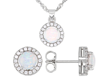 Picture of Lab Created Opal And White Cubic Zirconia Rhodium Over Sterling Silver Jewelry Set