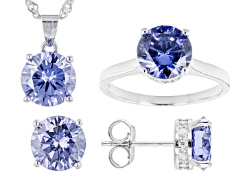 Picture of Blue And White Cubic Zirconia Platinum Over Sterling Silver Jewelry Set 12.19ctw