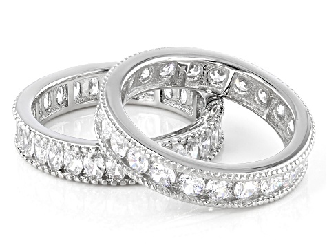 White Cubic Zirconia Platinum Over Sterling Silver Band Rings Set Of 2 5.15ctw