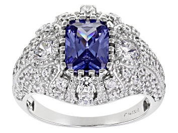 Picture of Blue And White Cubic Zirconia Rhodium Over Sterling Silver Ring 4.64ctw