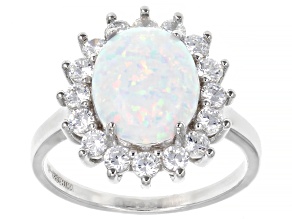 White Lab Created Opal And White Cubic Zirconia Rhodium Over Sterling Silver Ring 2.37ctw