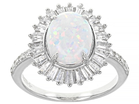Lab Created Opal And White Cubic Zirconia Rhodium Over Sterling Silver Ring 2.68ctw