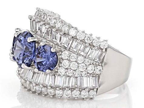 Blue And White Cubic Zirconia Rhodium Over Sterling Silver Ring 6.93ctw