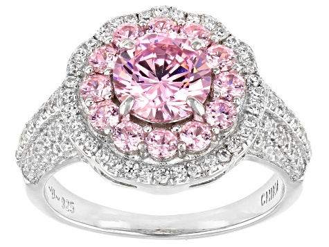 Pink And White Cubic Zirconia Rhodium Over Sterling Silver Ring 3.57ctw