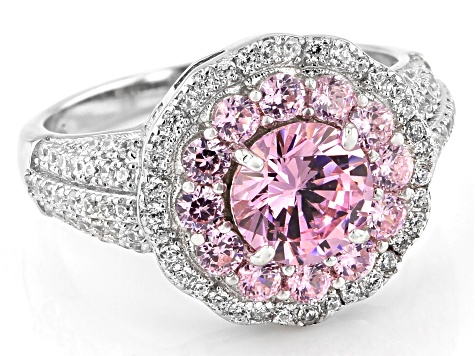 Pink And White Cubic Zirconia Rhodium Over Sterling Silver Ring 3.57ctw