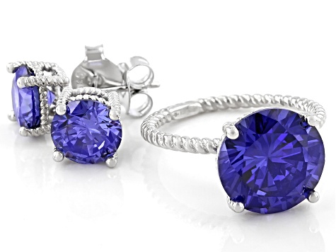 Blue Cubic Zirconia Rhodium Over Sterling Silver Jewelry Set 16.27ctw