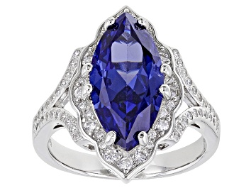 Picture of Blue And White Cubic Zirconia Rhodium Over Sterling Silver Ring 6.60ctw