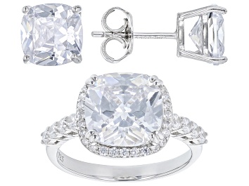 Picture of White Cubic Zirconia Rhodium Over Sterling Silver Ring And Earrings Set 13.14ctw