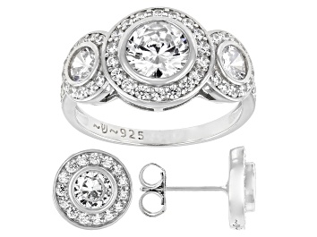 Picture of White Cubic Zirconia Platinum Over Sterling Silver Ring And Earrings Set 6.09ctw