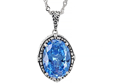 Blue Cubic Zirconia Rhodium Over Sterling Silver Pendant With Chain 8.28ctw