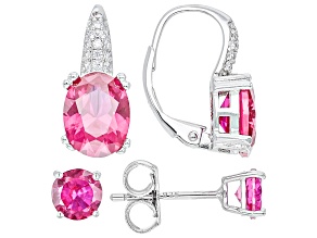 Lab Created Ruby And White Cubic Zirconia Rhodium Over Silver Earrings Set 6.84ctw