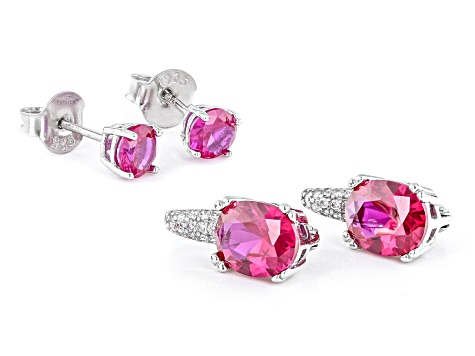 Lab Created Ruby And White Cubic Zirconia Rhodium Over Silver Earrings Set 6.84ctw