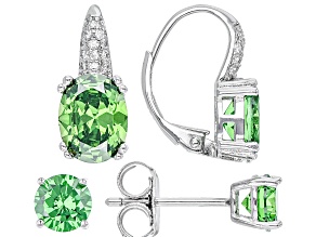 Green And White Cubic Zirconia Rhodium Over Silver Earrings Set 6.84ctw