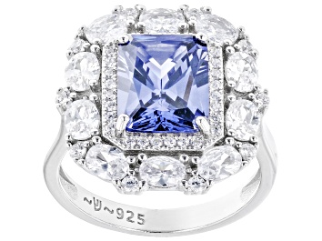 Picture of Blue And White Cubic Zirconia Rhodium Over Sterling Silver Ring 7.61ctw