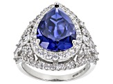 Blue And White Cubic Zirconia Rhodium Over Sterling Silver Ring 10.76ctw