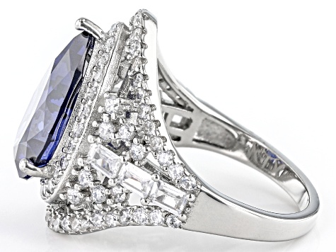 Blue And White Cubic Zirconia Rhodium Over Sterling Silver Ring 10.76ctw