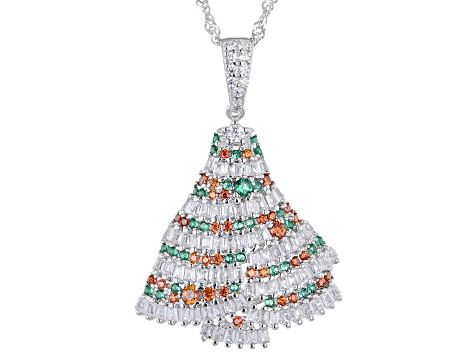 Multicolor Gemstone Simulants Rhodium Over Silver Christmas Tree Pendant With Chain 2.26ctw