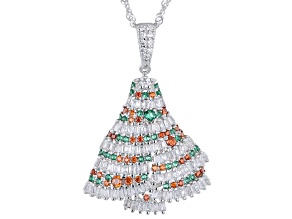 Multicolor Gemstone Simulants Rhodium Over Silver Christmas Tree Pendant With Chain 2.26ctw