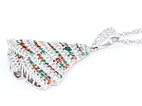 Multicolor Gemstone Simulants Rhodium Over Silver Christmas Tree Pendant With Chain 2.26ctw