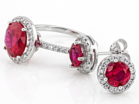 Lab Created Ruby And White Cubic Zirconia Rhodium Over Sterling Silver Jewelry Set 7.57ctw
