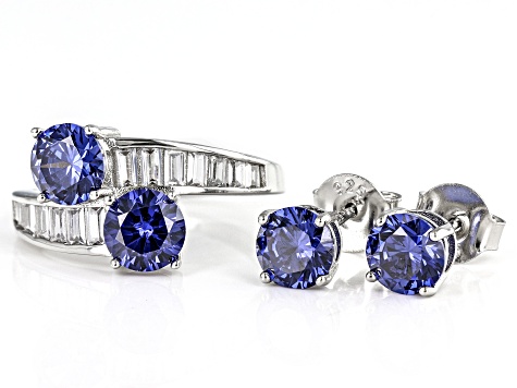 Blue And White Cubic Zirconia Platinum Over Sterling Silver Jewelry Set 6.20ctw