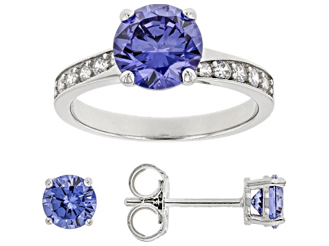 Blue And White Cubic Zirconia Rhodium Over Sterling Silver Jewelry Set 4.72ctw