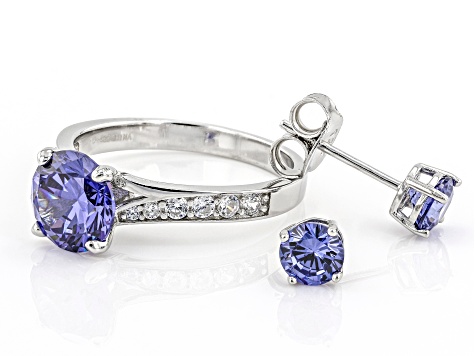 Blue And White Cubic Zirconia Rhodium Over Sterling Silver Jewelry Set 4.72ctw